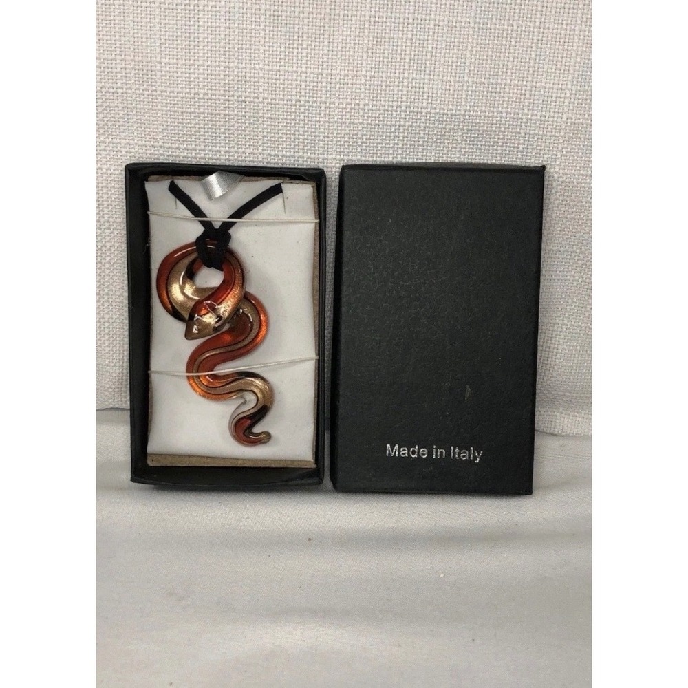 Murano Style Art Glass Snake Pendant Necklace Amber Orange Gold Made in Italy